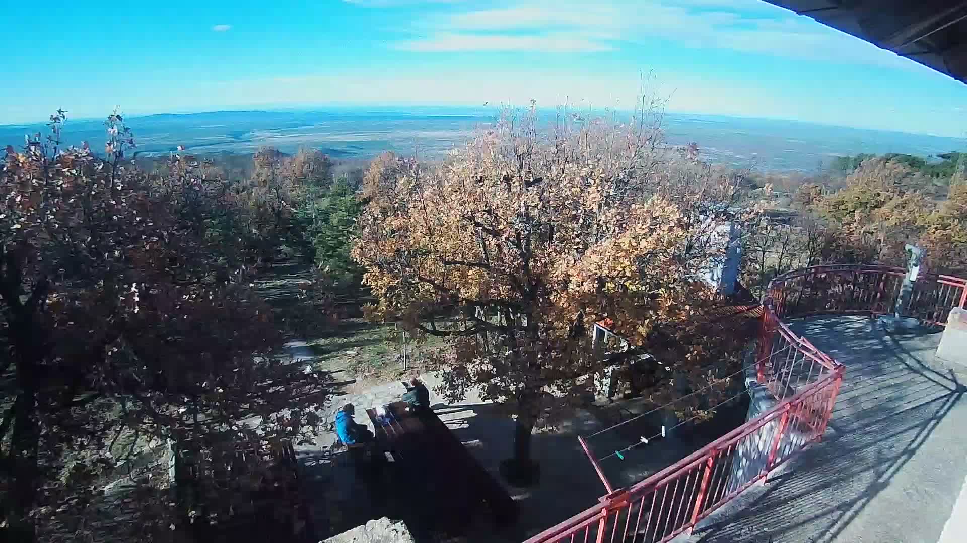 On a clear, sunny autumn day, an elevated outdoor view captures a landscape filled with trees bearing yellow and brown foliage, a long picnic table with two people seated, and a red railing in the foreground.