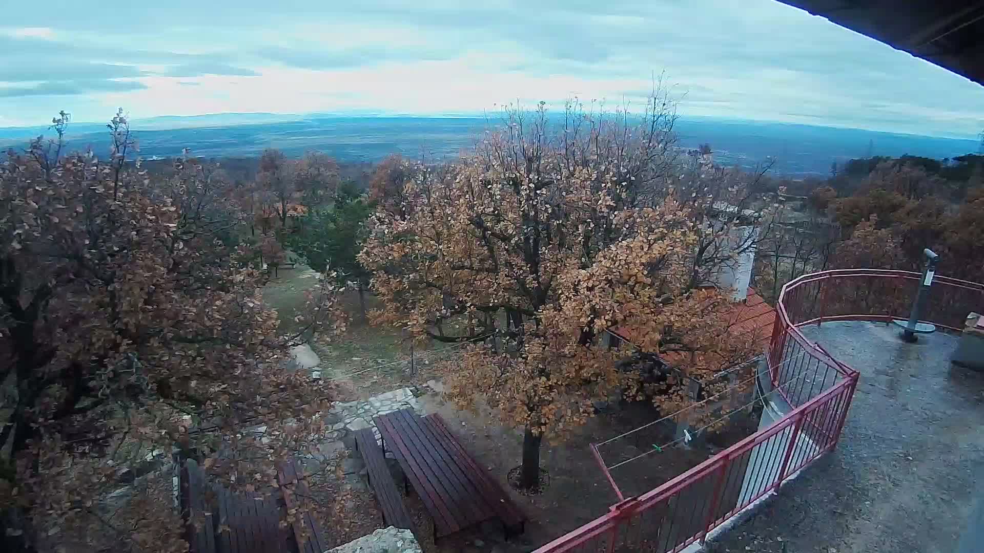An elevated outdoor scene features a park area with trees in autumn foliage, wooden picnic tables, and a red-railed observation deck equipped with a telescope, all set against a hazy distant landscape under an overcast sky.