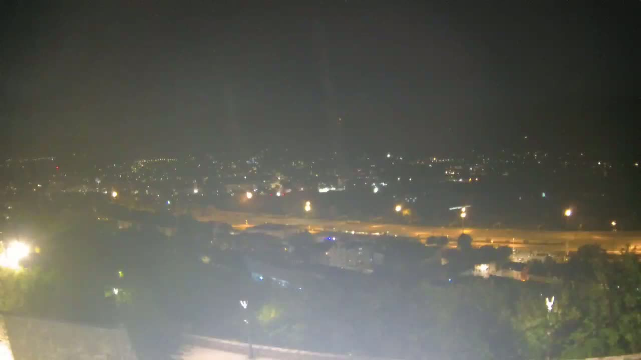 A nighttime, hazy view shows a city with illuminated streets and buildings, observed from a high vantage point overlooking tree-covered hills.