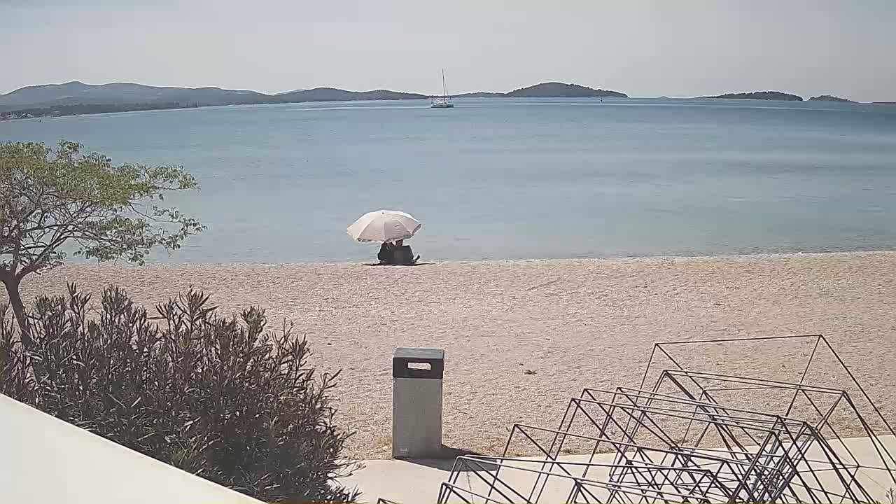 Two people sit under a white umbrella on a sandy beach beside a calm, light-blue sea under a clear sky.