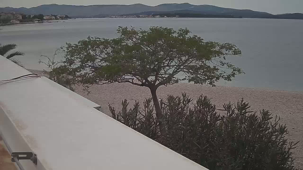 A view from a balcony shows a calm body of water, a sandy beach, a tree, and low shrubs, under an overcast sky.