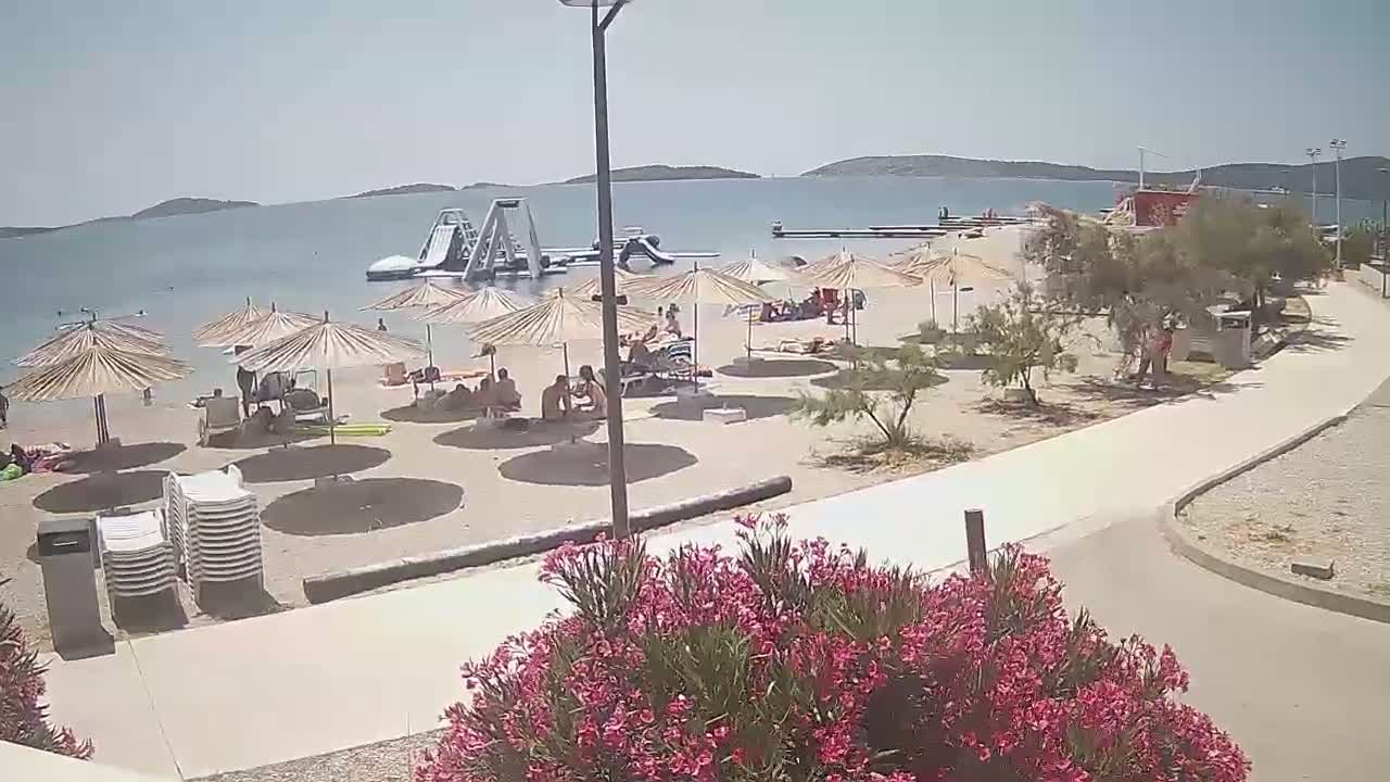 A sandy beach with numerous umbrellas and beachgoers, inflatable water toys in the calm sea, and pink flowers in the foreground under a clear, sunny sky.