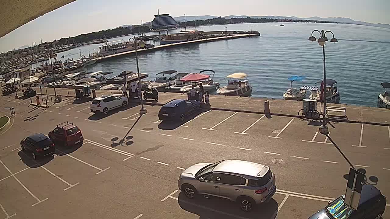 A sunny day at a harbor shows several cars parked in a lot overlooking boats moored at a dock.