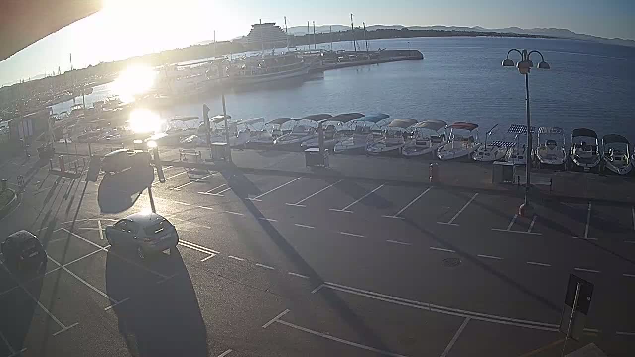 A harbor filled with boats is viewed from a parking lot on a mostly sunny day, with cars parked along the waterfront.