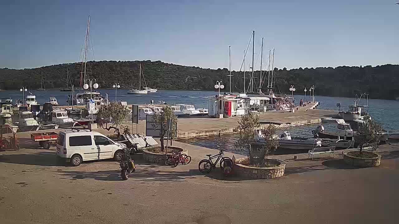 A sunny day at a marina shows numerous boats docked, along with cars, bicycles, and a small building on the shore, all set against a backdrop of green hills.