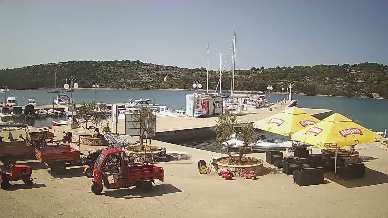 A sunny harbor scene shows a calm body of water with numerous boats docked, surrounded by a small town with red utility vehicles and yellow patio umbrellas.