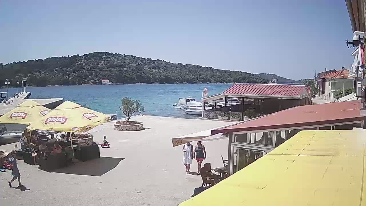 A sunny day at a waterfront cafe with boats in the harbor and a small town nestled against a green hill in the background.
