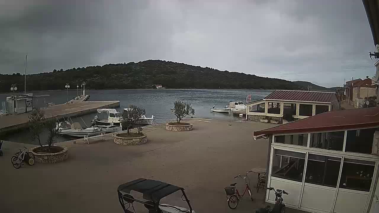 A sunny harbor scene shows several boats moored, with outdoor seating areas under umbrellas and bicycles nearby.