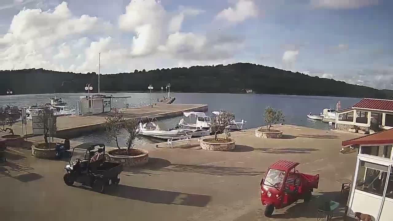 On a partly cloudy day, a harbor scene features several boats docked at piers, forested hills across a calm bay, and a dark utility vehicle and a red three-wheeled vehicle on the paved waterfront.