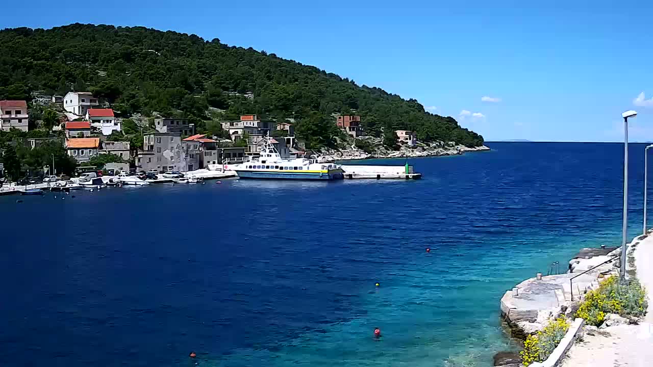 A ferry is docked at a small harbor next to a hillside village on a sunny day with clear blue water.