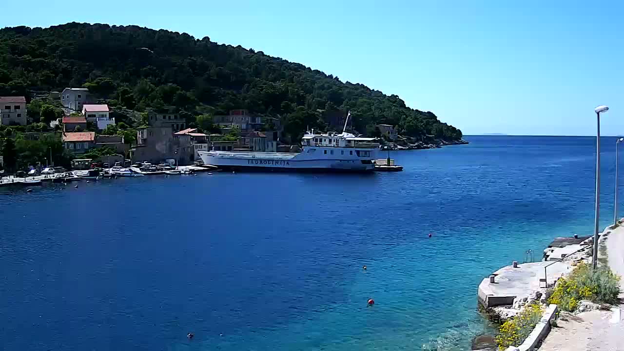 A ferry is docked at a small harbor next to a village nestled beside a lush green hill under a clear blue sky.