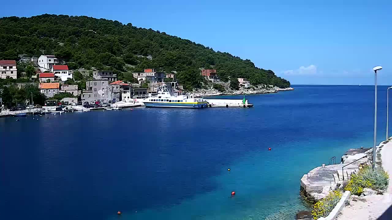A ferry is docked at a harbor next to a village nestled against a lush green hill on a sunny day.