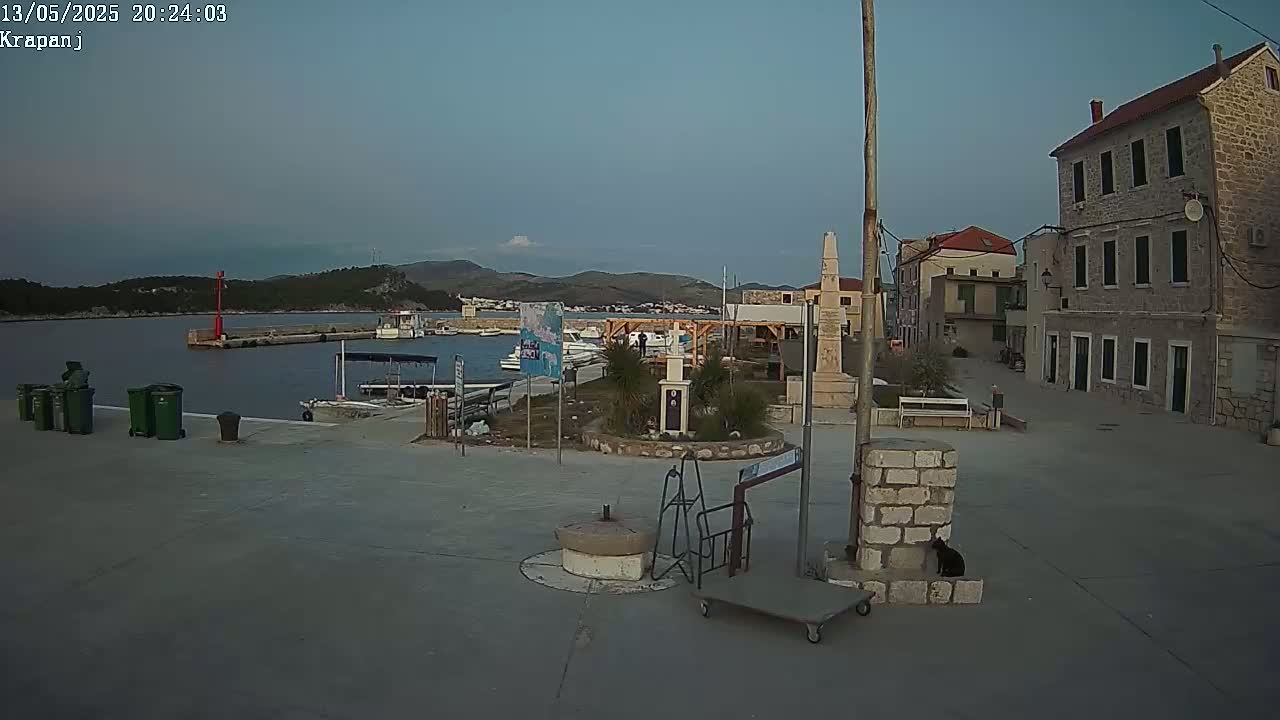 A harbor town square at dusk shows a calm harbor with boats, a small park, stone buildings, and a black cat sitting near a low stone wall.