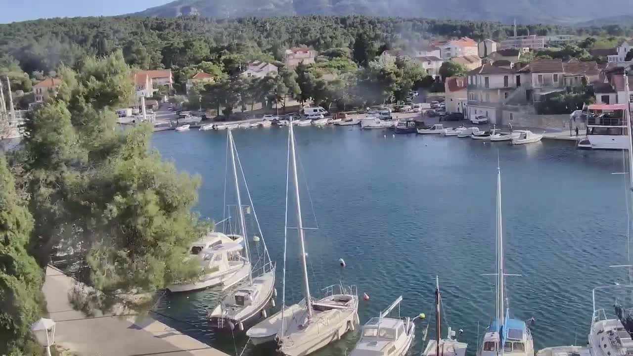 A calm harbor filled with sailboats and motorboats is nestled in a town surrounded by green hills under a clear sky.