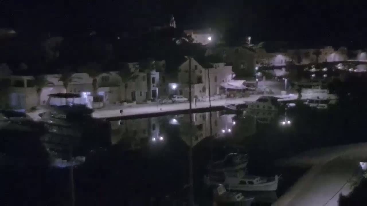 A nighttime view of a waterfront town with boats docked in calm water, illuminated by streetlights.