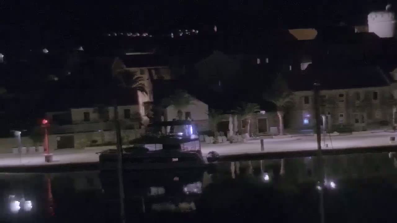 A dark-colored boat is docked at a waterfront at night, next to buildings with palm trees and calm water reflecting the lights.