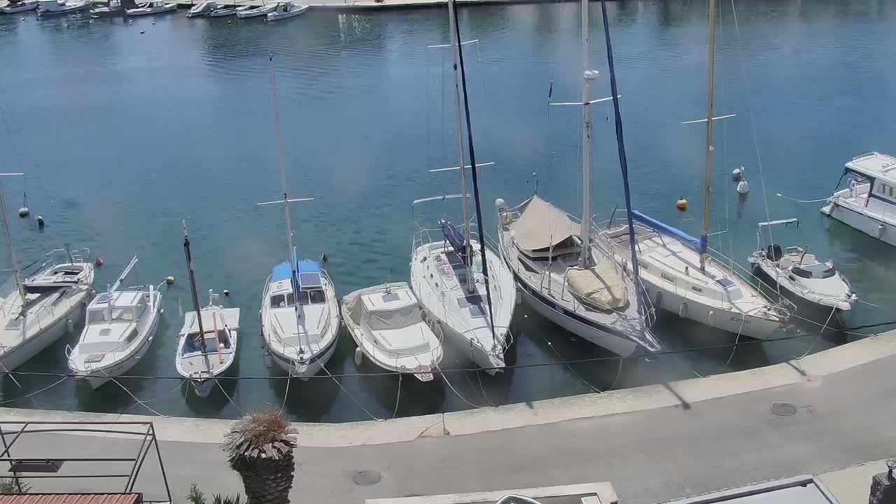 Several sailboats and motorboats are moored in a calm harbor on a sunny day.