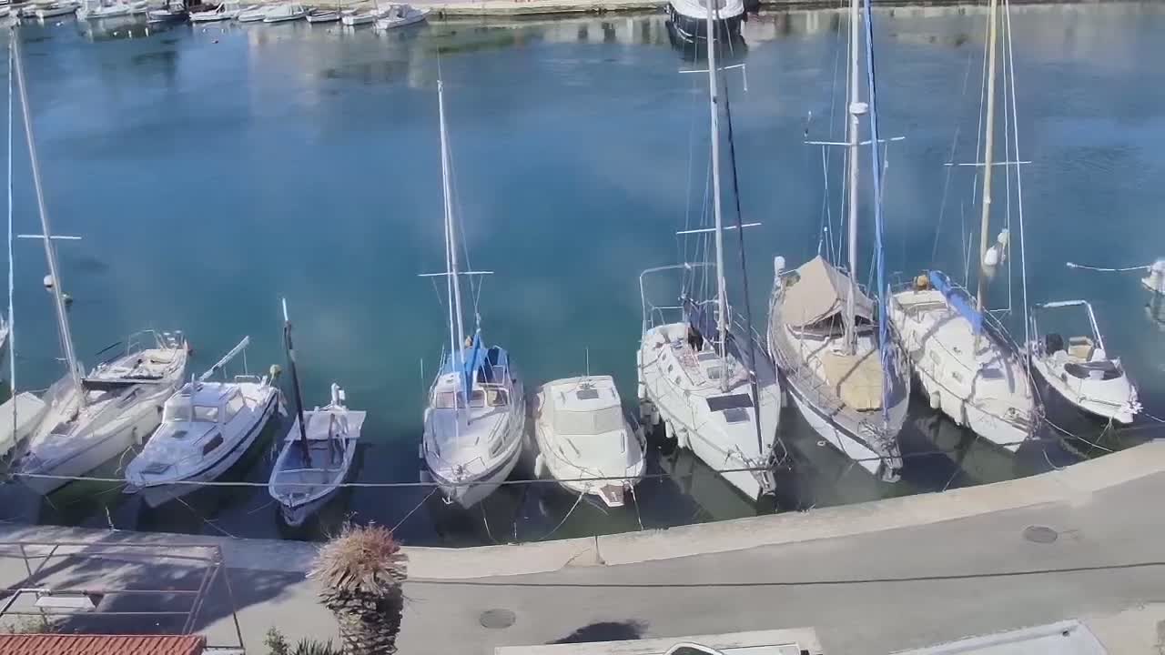Several sailboats and motorboats are docked in a calm harbor on a sunny day.