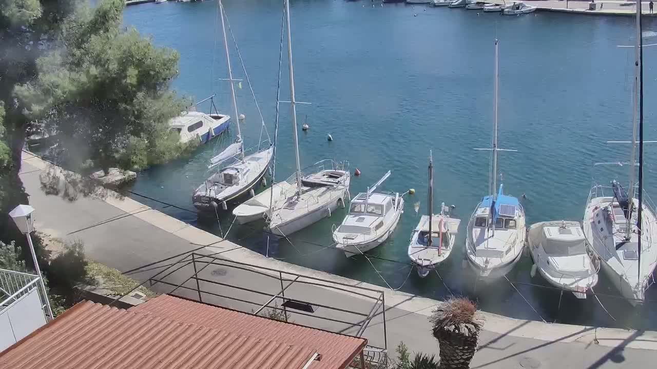 Several sailboats and motorboats are moored along a paved waterfront on a sunny day.