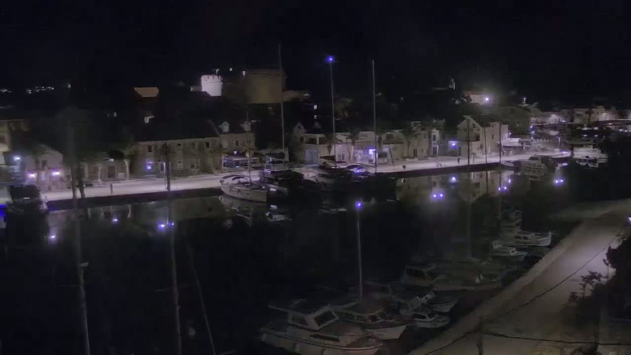 A nighttime view of a harbor with boats moored along a waterfront lined with buildings, illuminated by streetlights under a clear, dark sky.