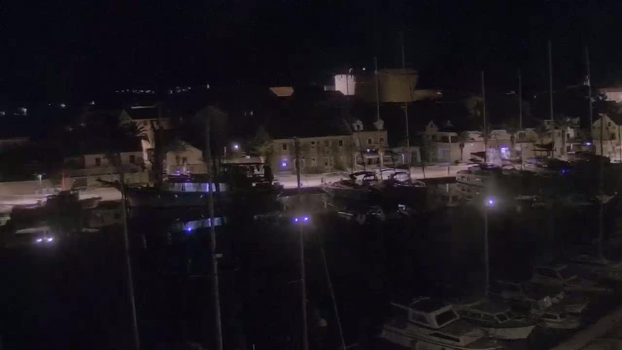 A nighttime view of a marina filled with boats moored alongside a waterfront town under clear skies.