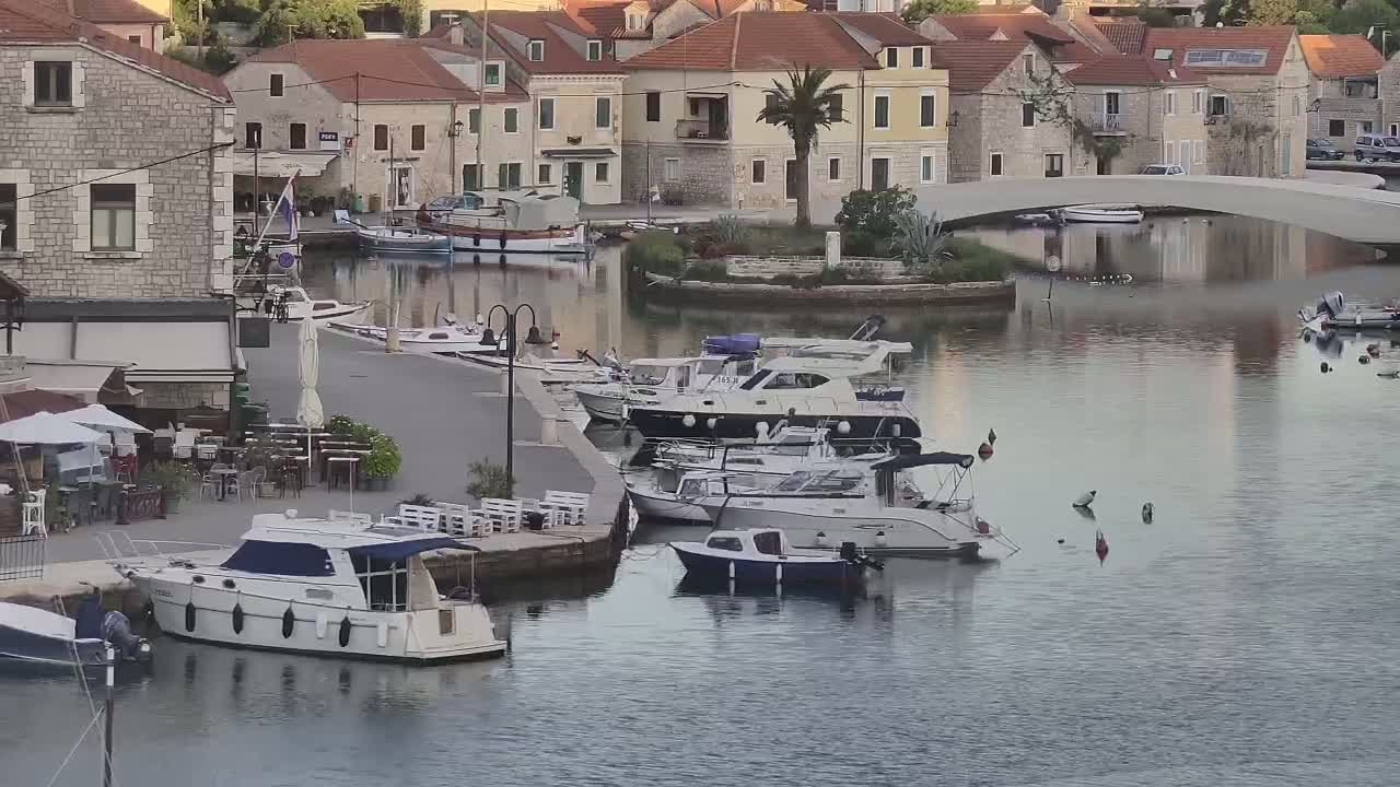 A calm harbor filled with moored boats is nestled beside a waterfront town under a clear sky.