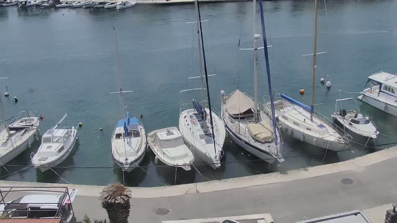 Several sailboats and motorboats are moored at a dock on a calm, sunny day.