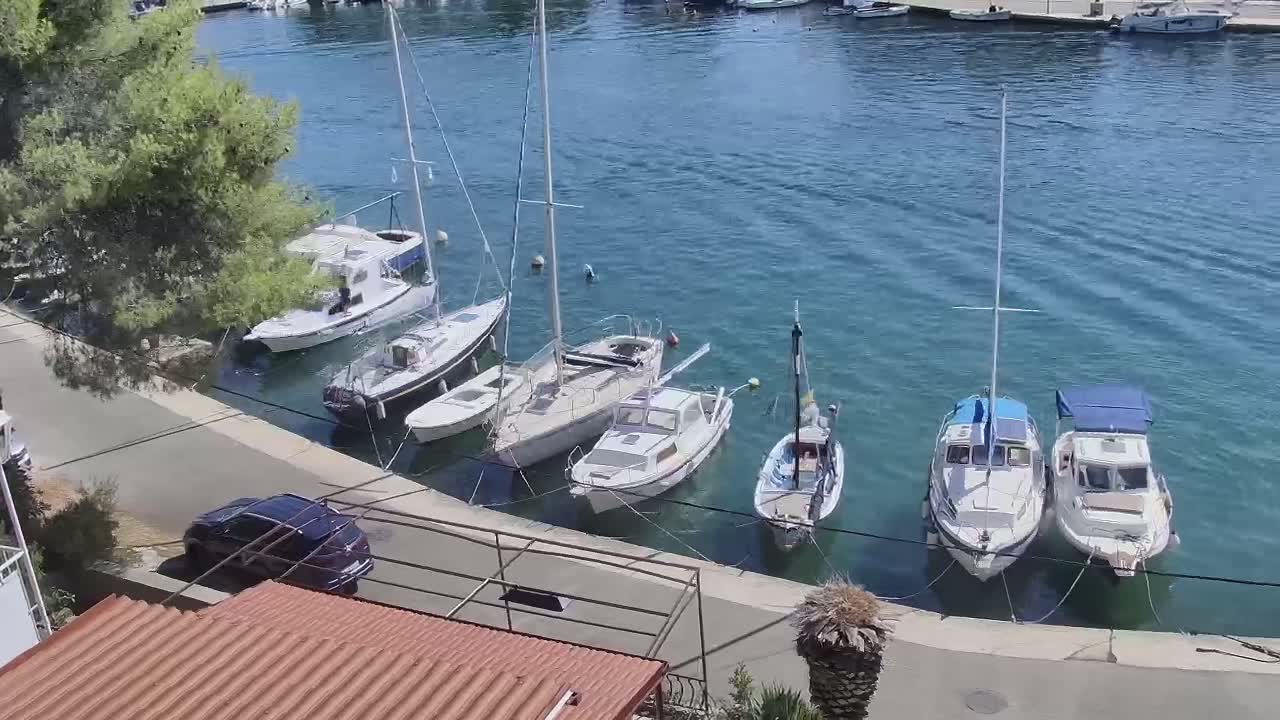 A waterfront town with stone buildings, palm trees, and numerous boats in a calm harbor, set against a backdrop of mountains on a clear day.