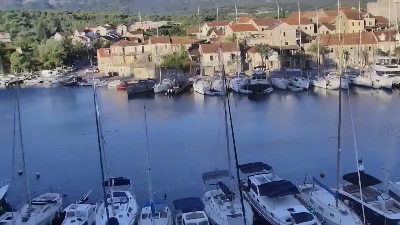 Several sailboats and motorboats are moored at a marina on a calm, sunny day.
