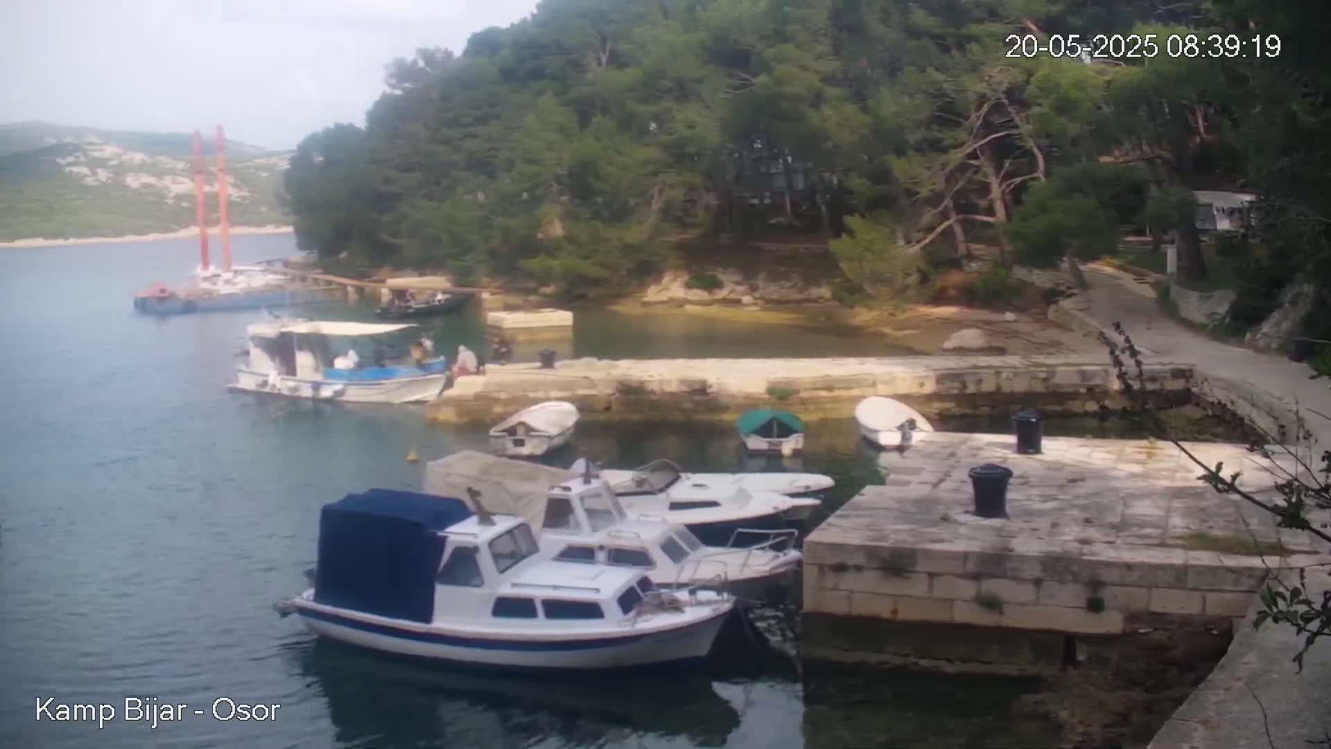 Several small motorboats are docked at a stone pier in a calm bay surrounded by lush green vegetation under an overcast sky.