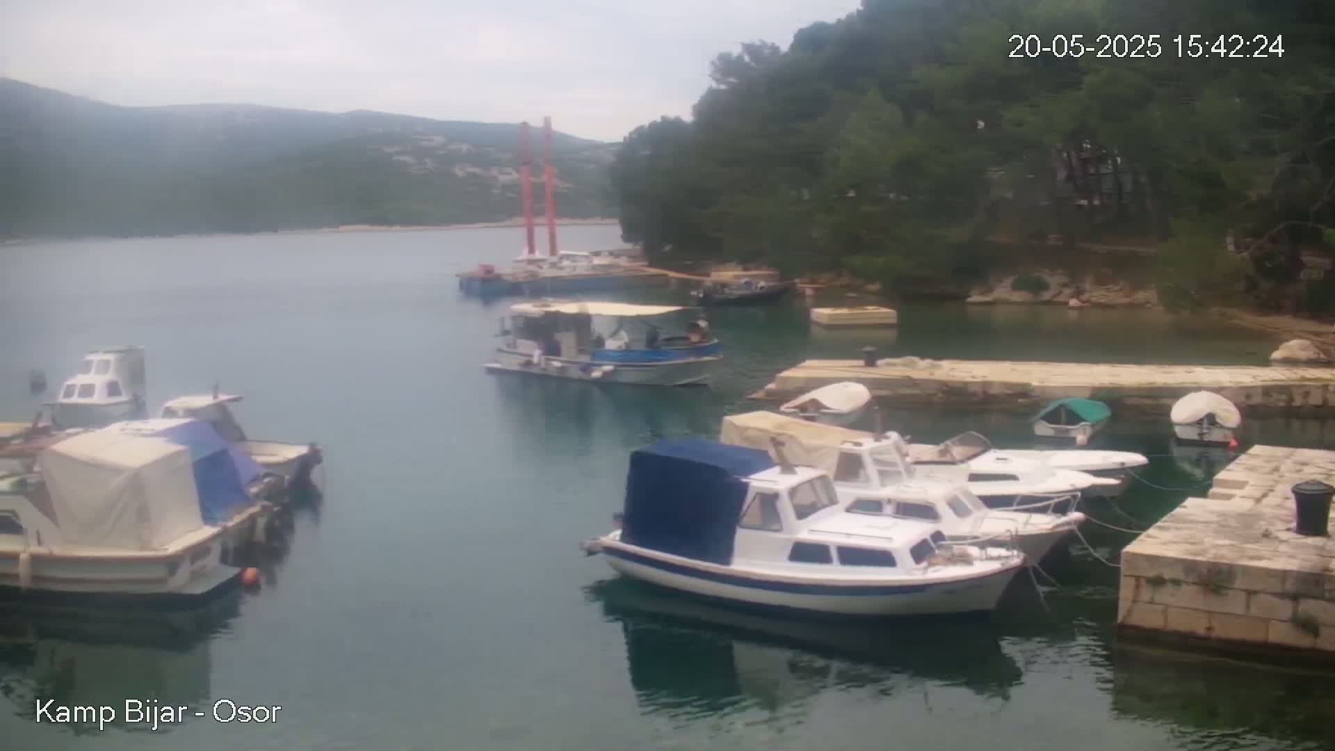 Several boats are moored in a calm bay on an overcast day, with green hills and dark trees visible in the background.