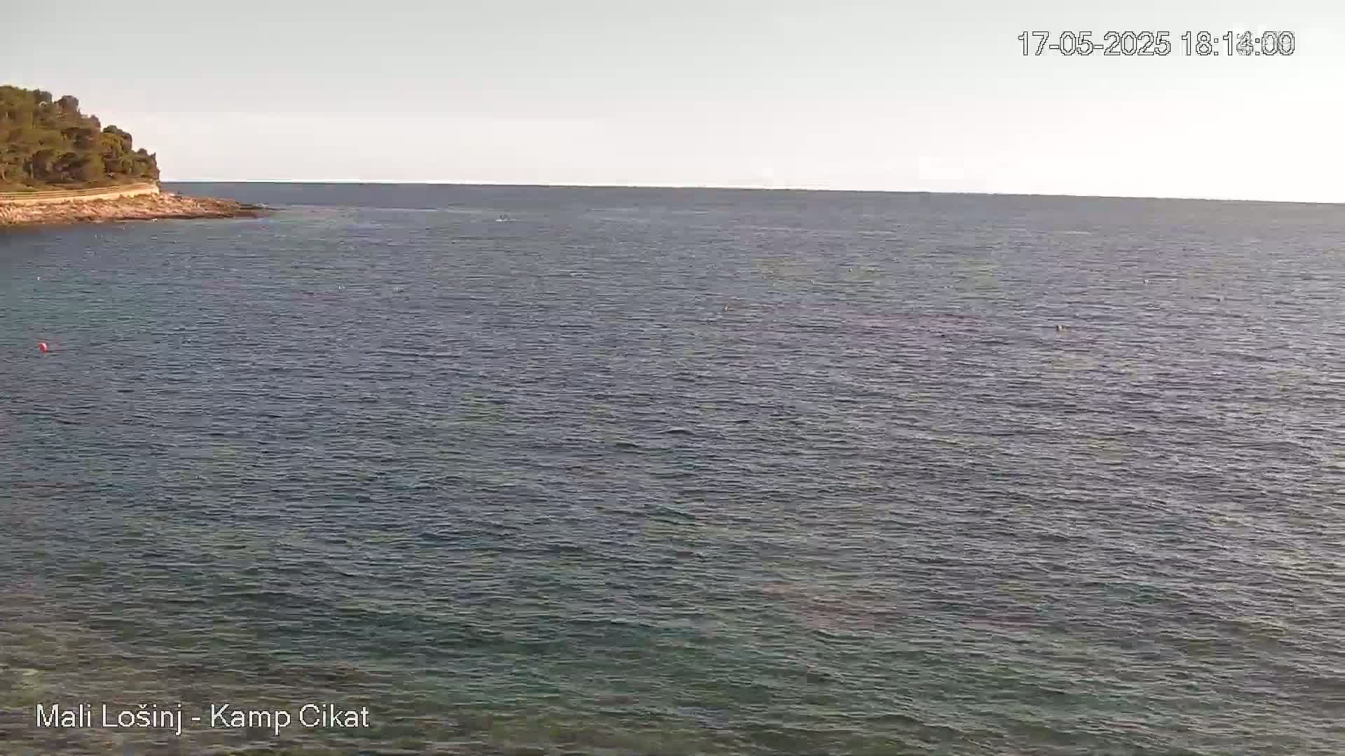 A calm body of water extends to a horizon under a clear sky, with a small, tree-covered landmass visible to the left.