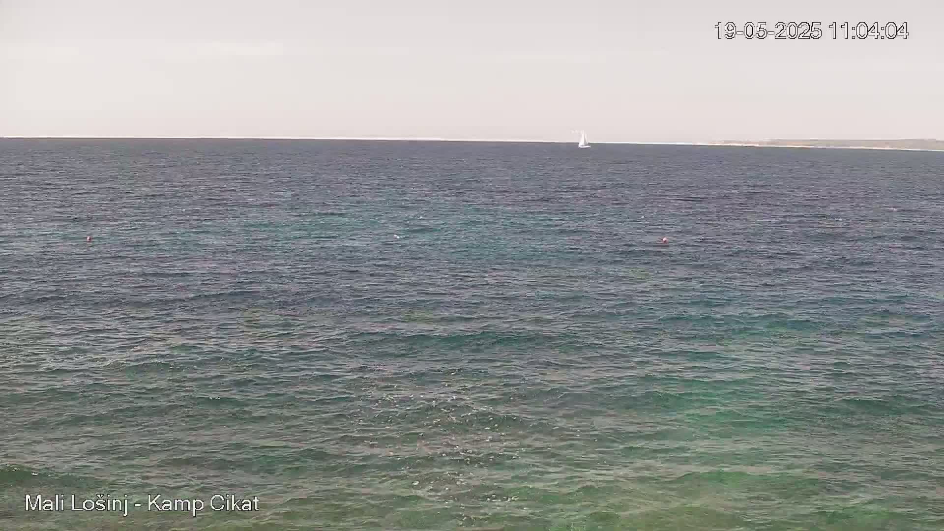 A calm, gray-sky day shows a wide expanse of greenish-blue ocean water with a single sailboat in the distance.