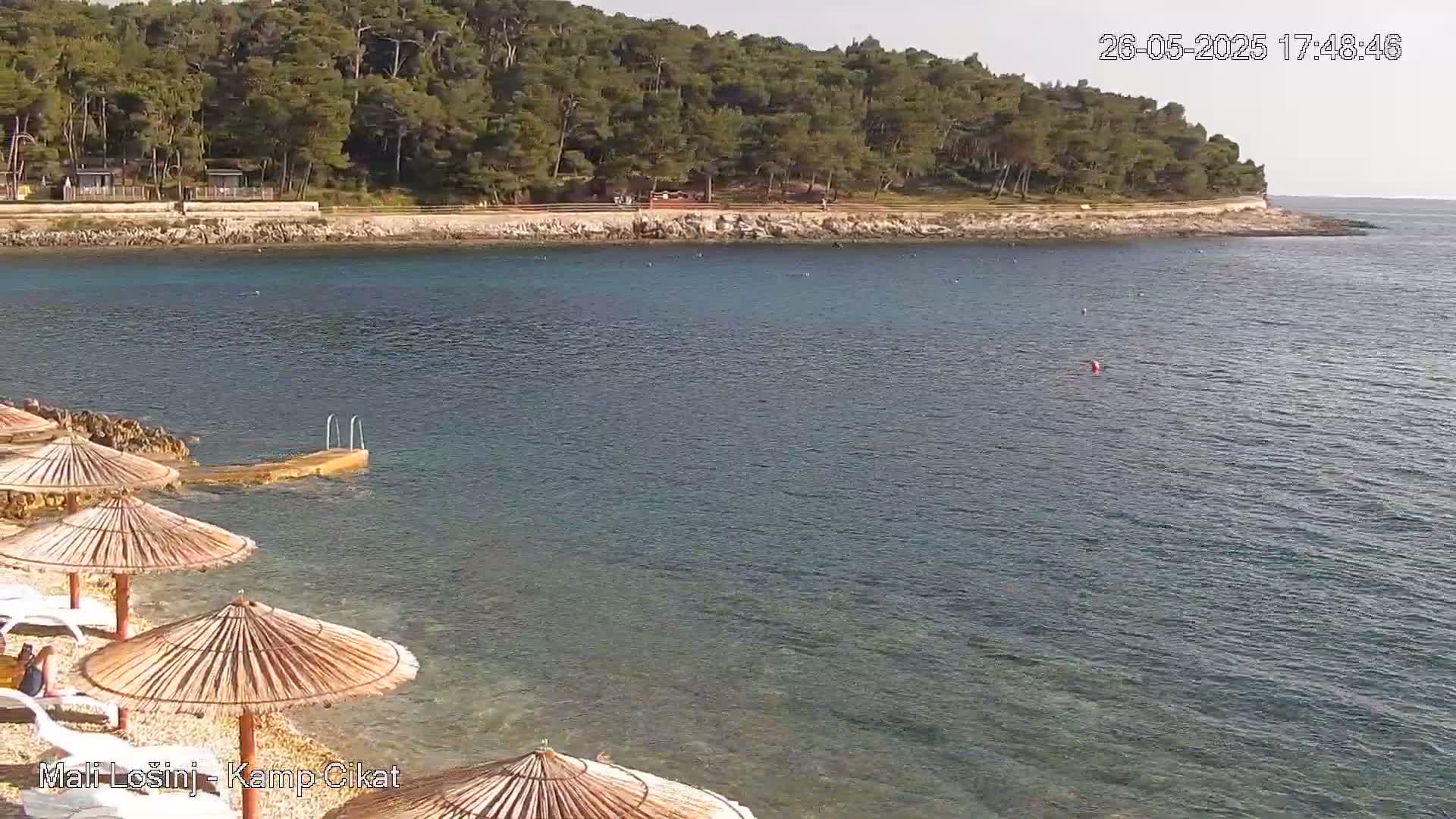 A calm, clear body of water laps a beach with several straw umbrellas and a small wooden pier, backed by a treeline on a sunny day.