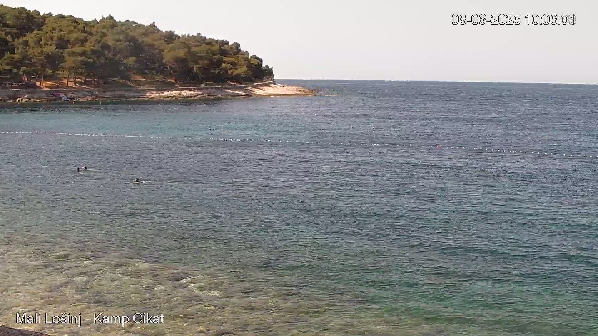 A calm, clear body of water stretches out from a shoreline with a tree-covered hill in the background under a sunny sky.