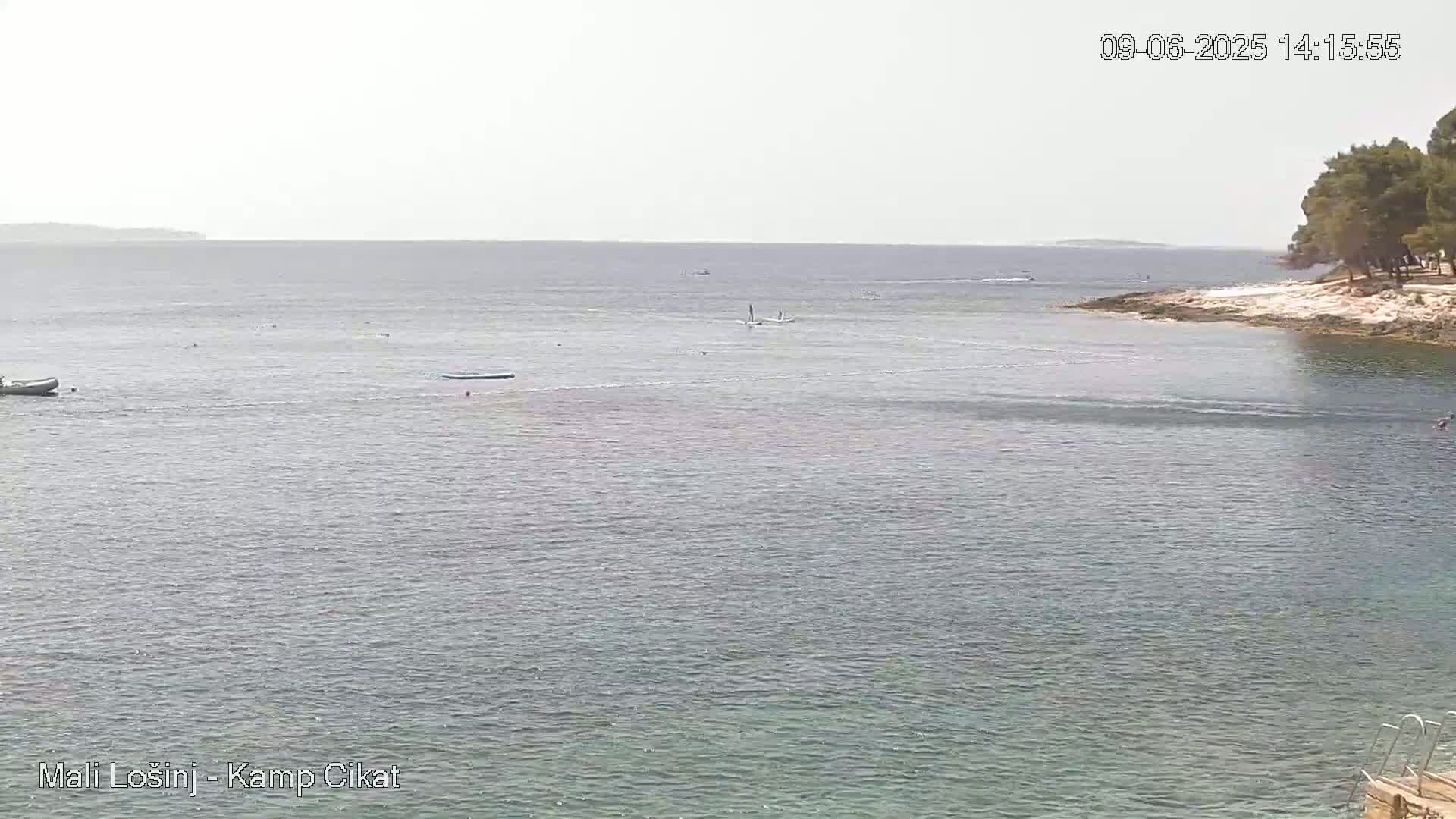 A calm, light-grey sea with a few people swimming and paddleboarding near a rocky shore with sparse vegetation under a hazy sky.