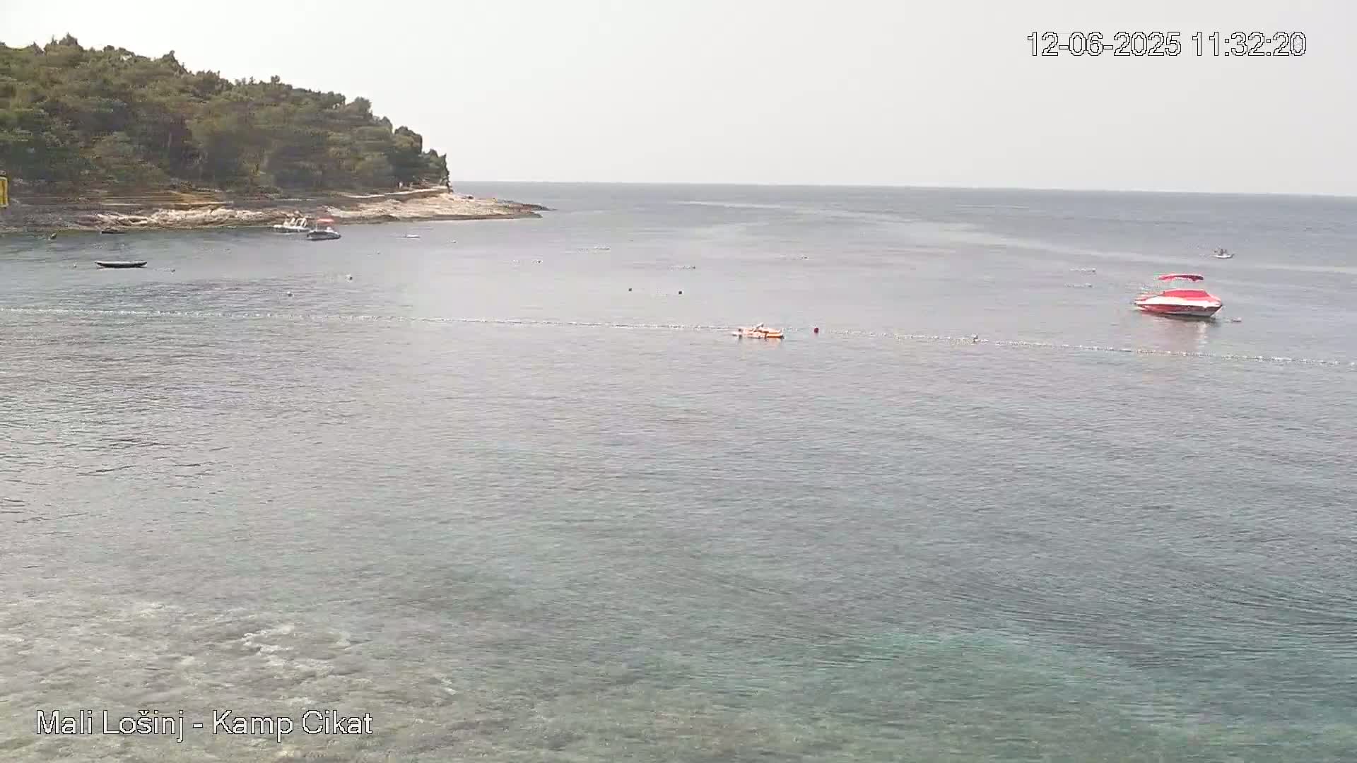 A calm, clear body of water with several small boats and people swimming near a rocky shoreline with green vegetation.