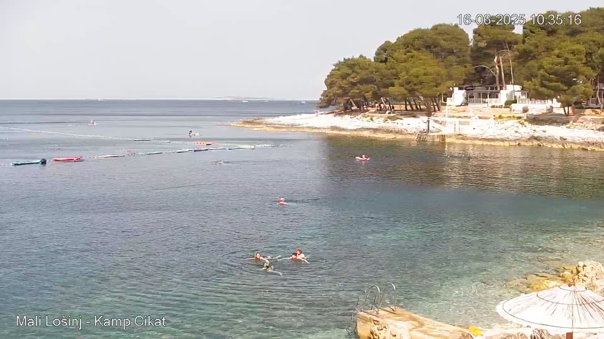A calm, clear body of water with several people swimming and various watercraft near a rocky shoreline lined with pine trees on a sunny day.