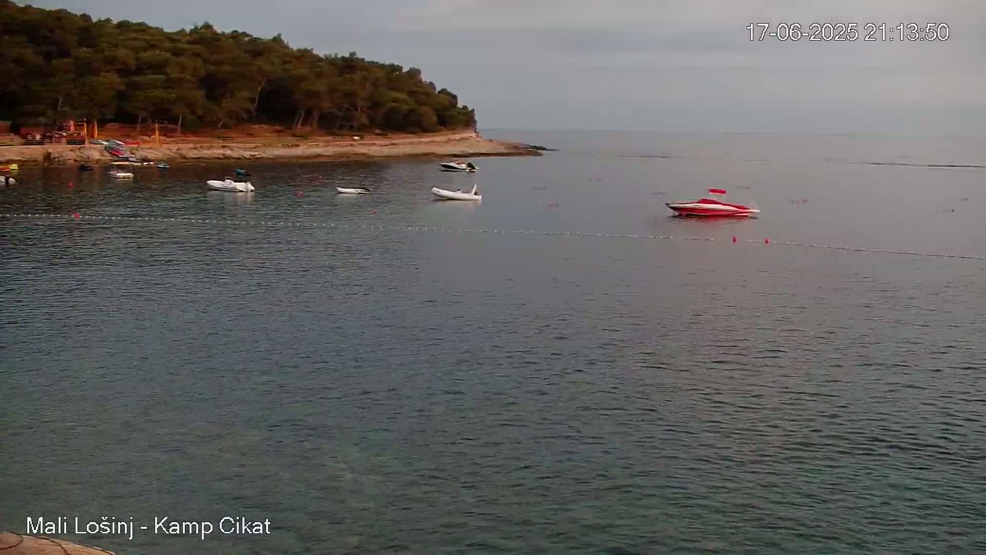Several small boats are moored in a calm bay near a wooded shoreline under an overcast sky.