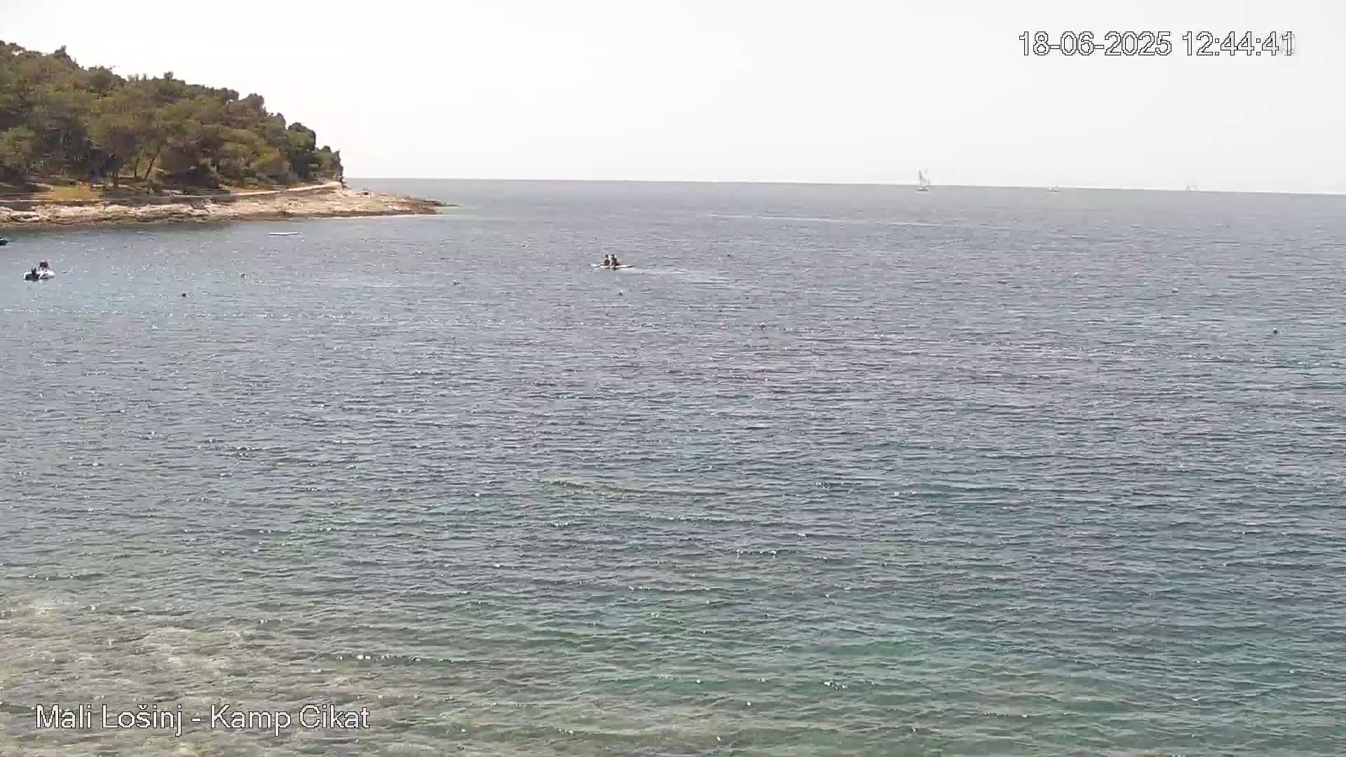 A calm, sunny day shows a body of water with a small boat and a shoreline with green vegetation.