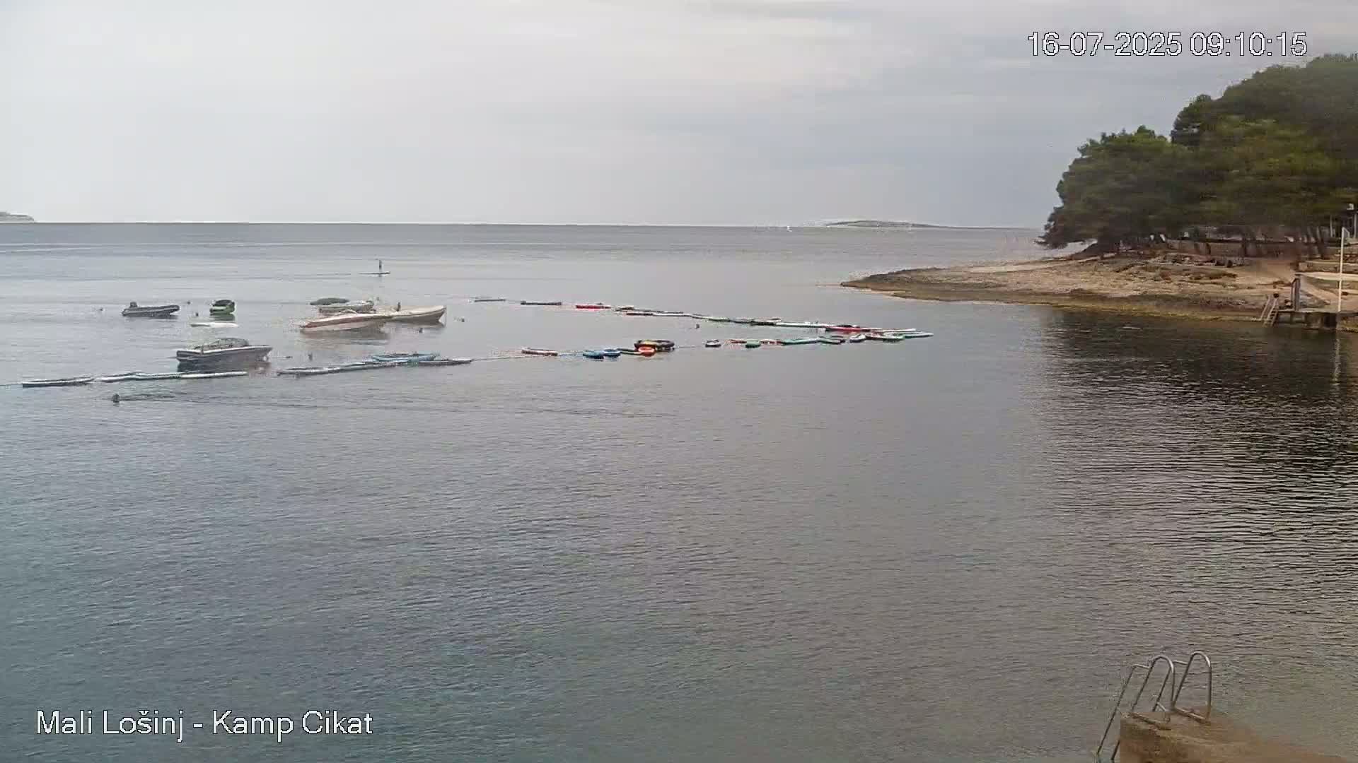Numerous boats and small watercraft are moored in a calm bay under an overcast sky.