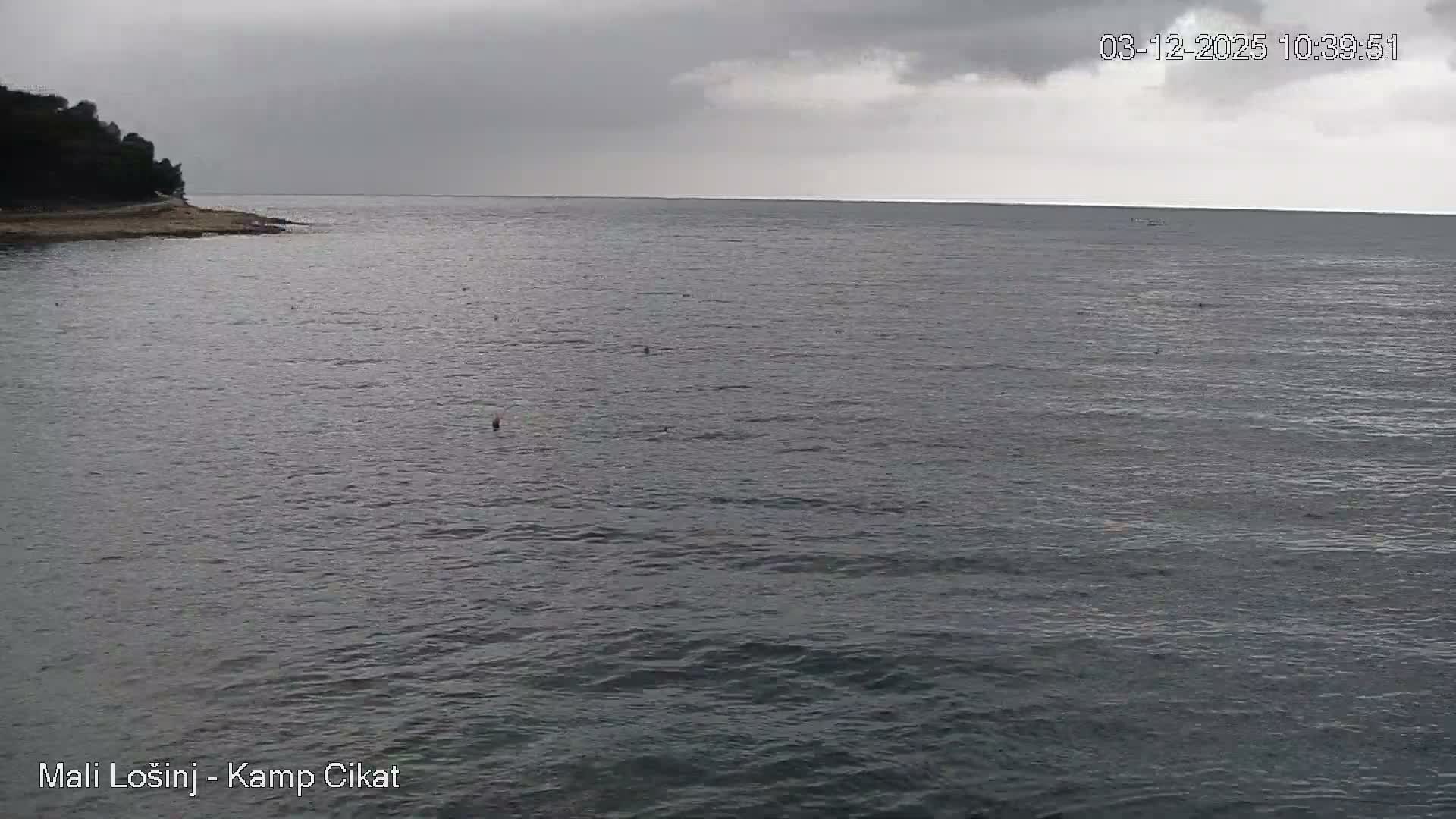 A wide view captures a grey, choppy sea under a heavily overcast sky, with a dark, tree-covered coastline on the left and several small objects floating in the water.