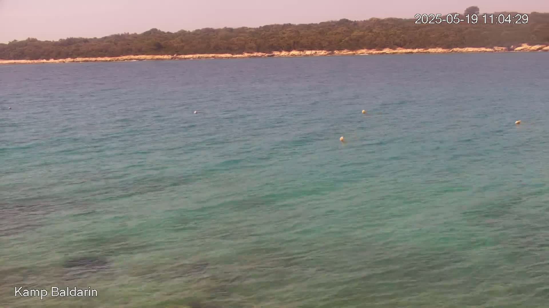 Calm, clear turquoise water stretches out to a distant shoreline of low-lying vegetation under a sunny sky.