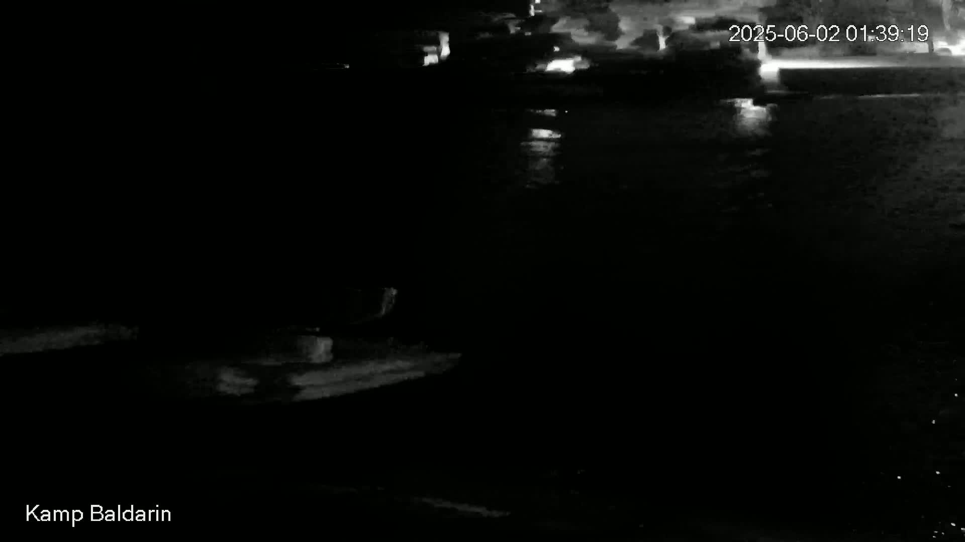 A nighttime, low-light image shows a dark body of water reflecting faint lights from a distant shore.
