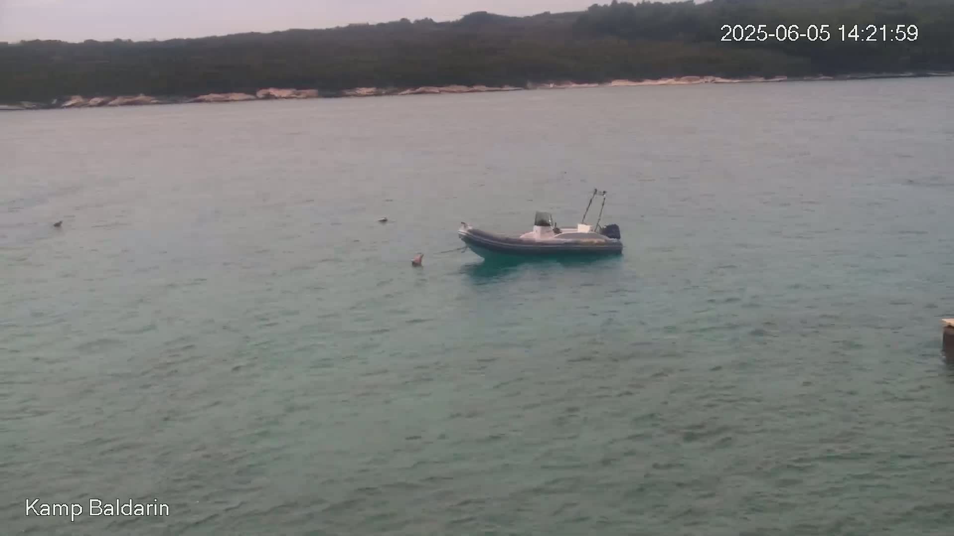 A small motorboat is anchored in calm, light-green water near a rocky shoreline under an overcast sky.