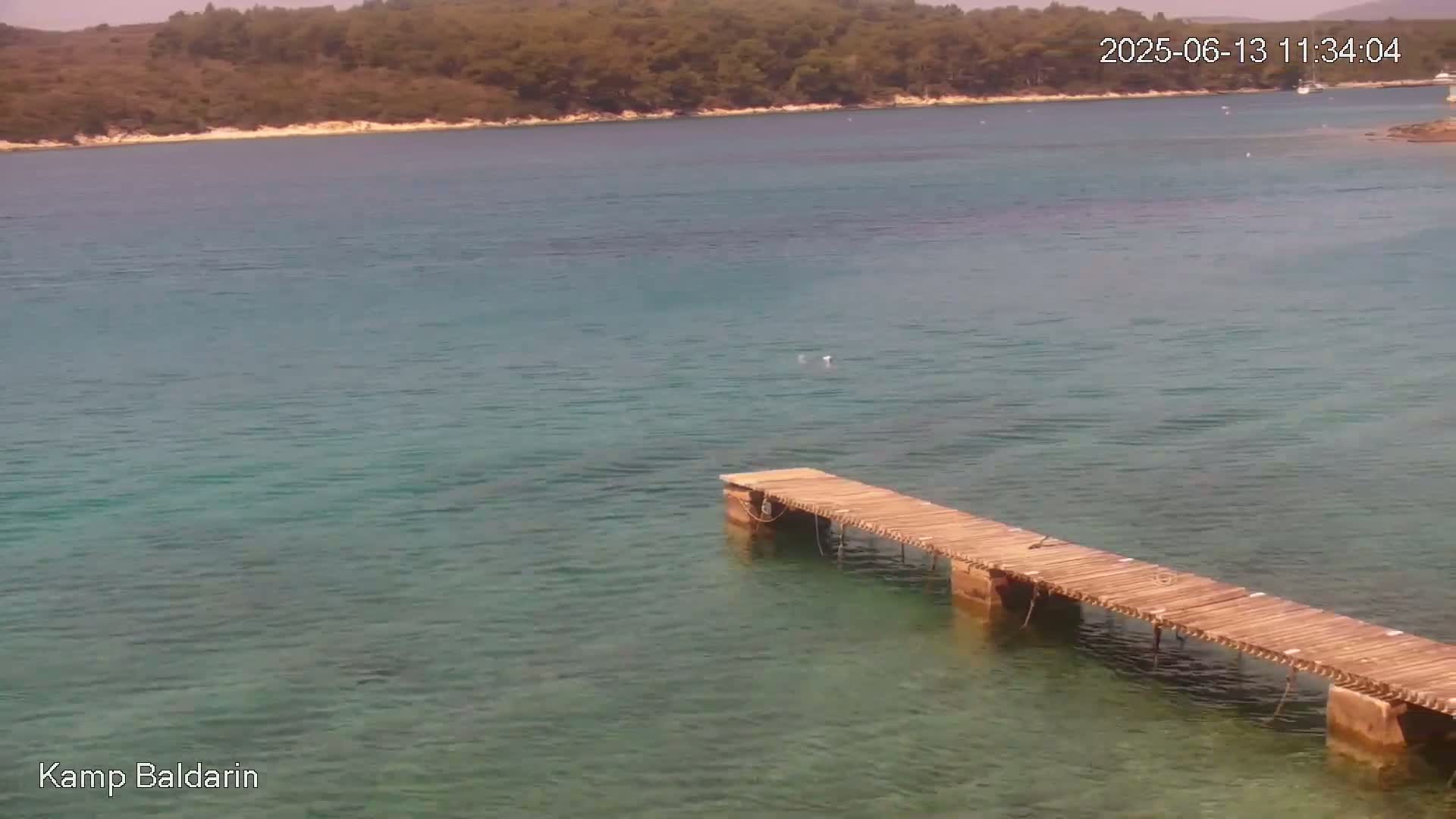 A wooden pier extends into clear, calm water near a treeline under a mostly sunny sky.