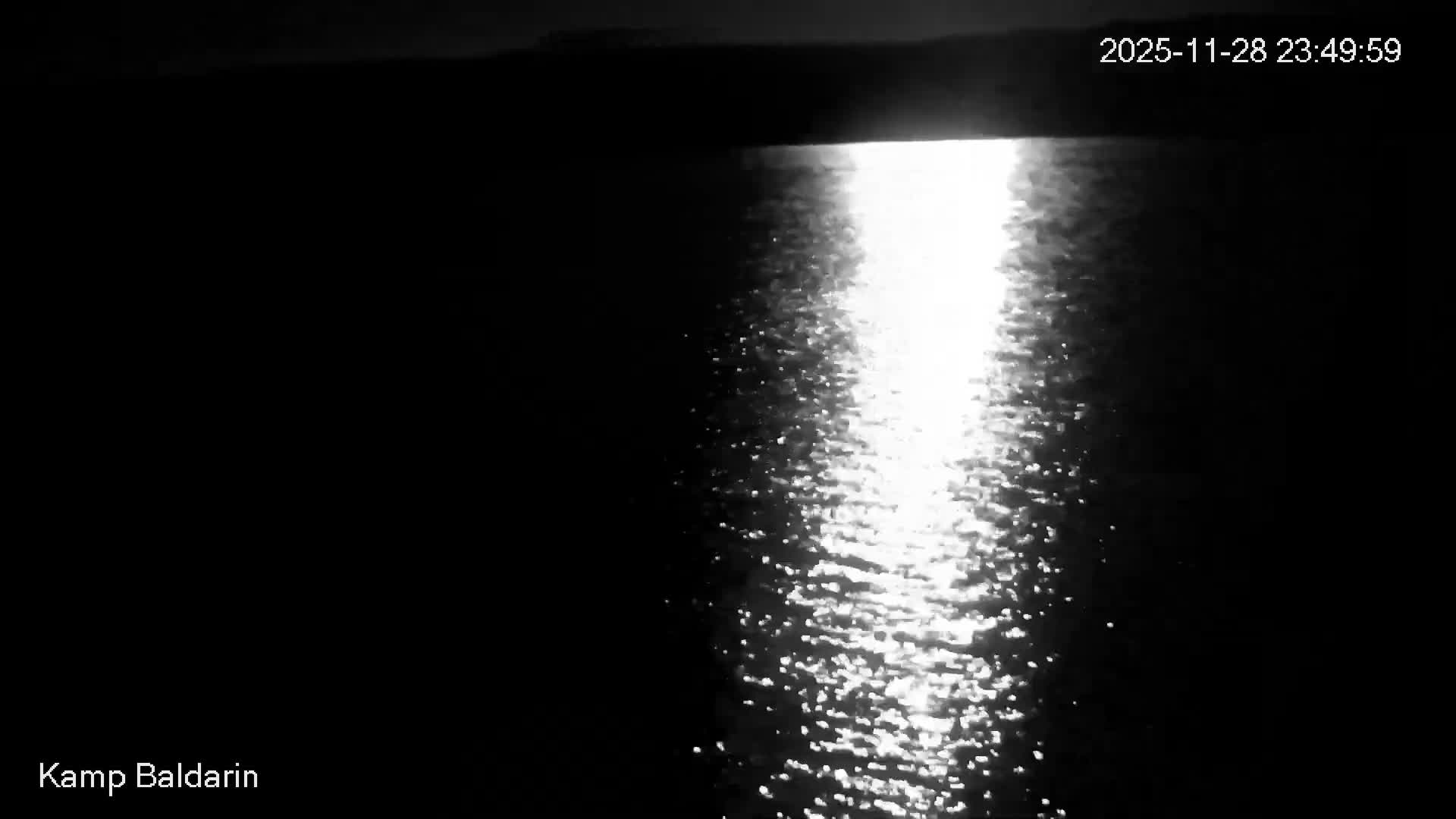 A bright path of moonlight shimmers across dark, rippling water at night under a clear sky.