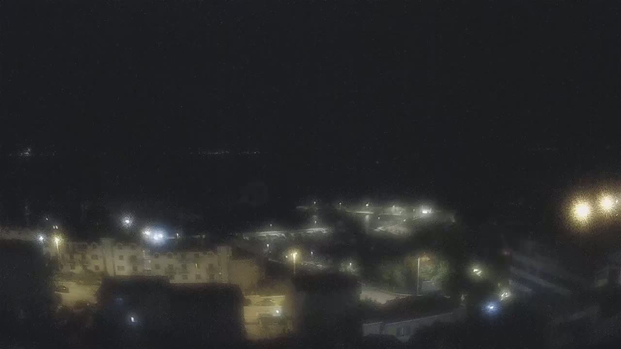 A nighttime, long shot of a dimly lit town or city, possibly near a body of water, under a dark, clear sky.