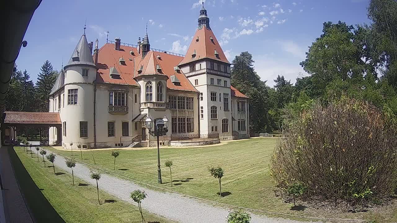 A large, light-colored castle with a red-tiled roof stands on a grassy lawn under a sunny sky, surrounded by trees and shrubs.