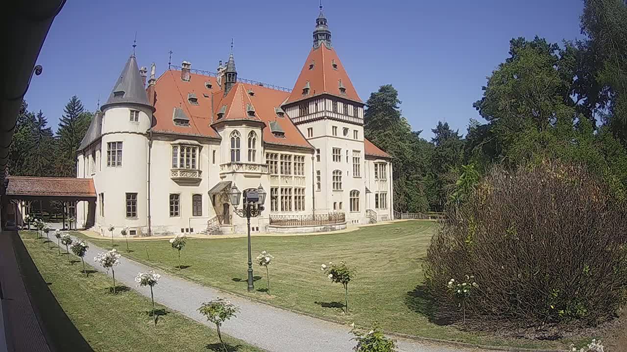 A large, light-colored castle with a red-tiled roof sits on a grassy lawn on a sunny day, surrounded by trees and bushes.